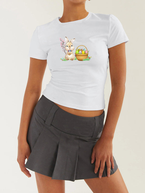 T-Shirts- Women's Easter Egg Print T-Shirt - Holly Week Bunny Crop Tee- Pale green- IndioGear Fashion and Gear