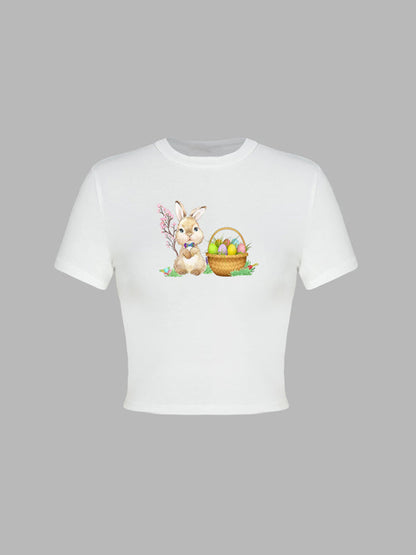 T-Shirts- Women's Easter Egg Print T-Shirt - Holly Week Bunny Crop Tee- - IndioGear Fashion and Gear