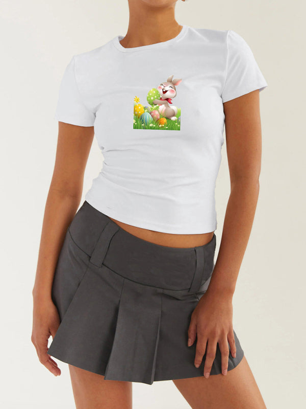 T-Shirts- Women's Easter Egg Print T-Shirt - Holly Week Bunny Crop Tee- Grey- IndioGear Fashion and Gear