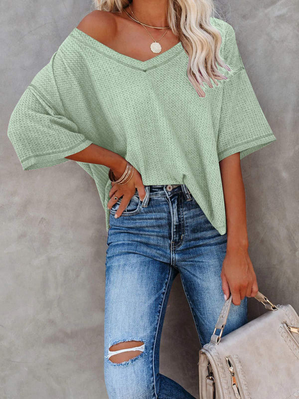 T-Shirts- Women's Waffle Knitted T-shirt - Short Sleeve V-neck Cotton Top- Pale green- IndioGear Fashion and Gear