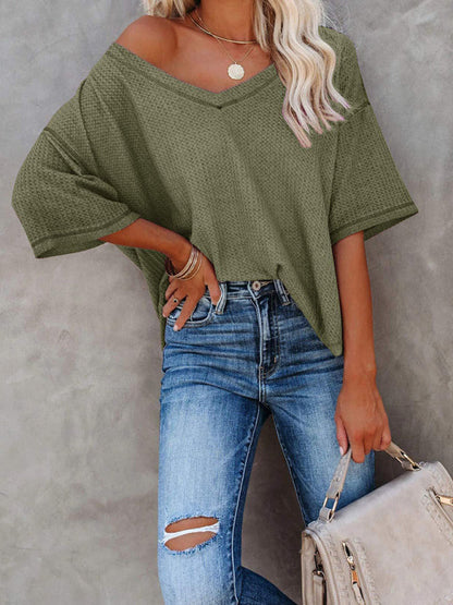 T-Shirts- Women's Waffle Knitted T-shirt - Short Sleeve V-neck Cotton Top- Deep green- IndioGear Fashion and Gear