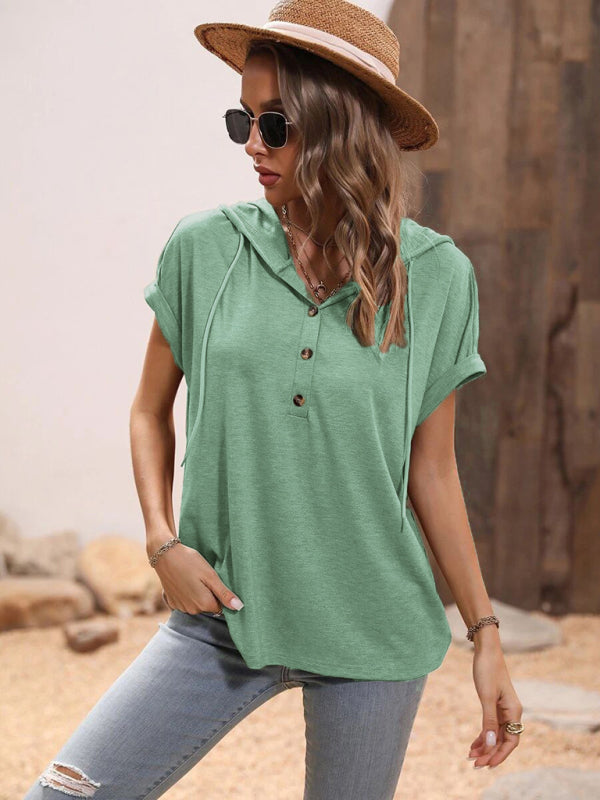 T-shirt- Stylish Hooded Pullover Top with Button Detail for Women- - IndioGear Fashion and Gear