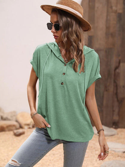 T-shirt- Stylish Hooded Pullover Top with Button Detail for Women- - IndioGear Fashion and Gear