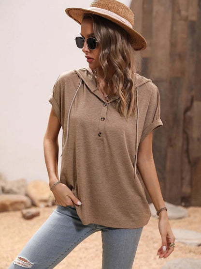 T-shirt- Stylish Hooded Pullover Top with Button Detail for Women- - IndioGear Fashion and Gear