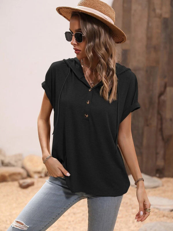 T-shirt- Stylish Hooded Pullover Top with Button Detail for Women- - IndioGear Fashion and Gear