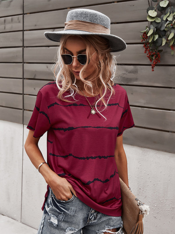 T-shirts- Essential Striped Round Neck Tee - Short Sleeves, Versatile Style Top- Wine Red- Pekosa Women Clothing