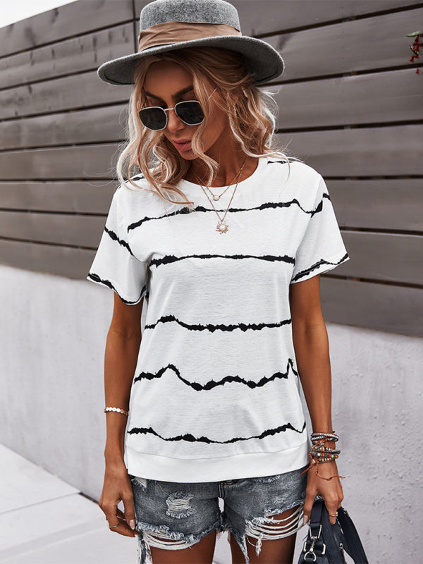 T-shirts- Essential Striped Round Neck Tee - Short Sleeves, Versatile Style Top- - Pekosa Women Clothing