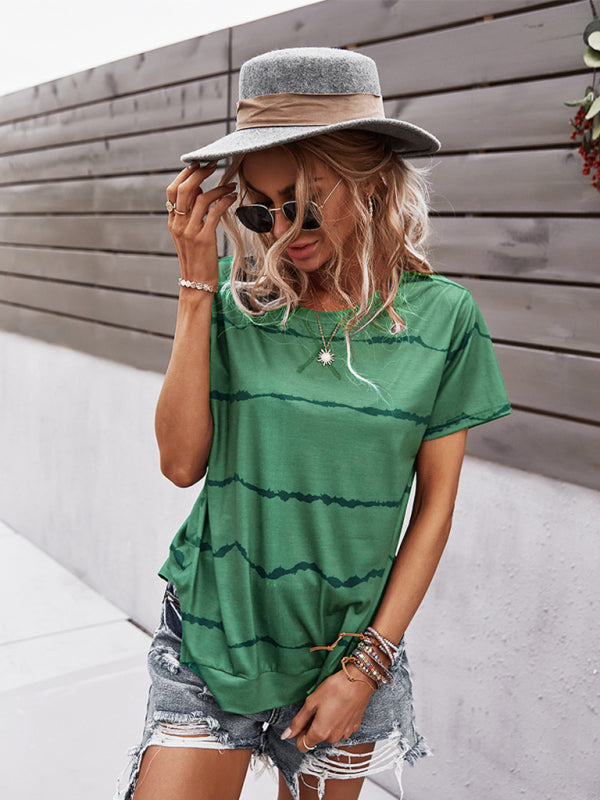 T-shirts- Essential Striped Round Neck Tee - Short Sleeves, Versatile Style Top- - Pekosa Women Clothing