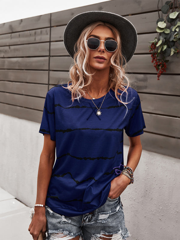 T-shirts- Essential Striped Round Neck Tee - Short Sleeves, Versatile Style Top- - Pekosa Women Clothing