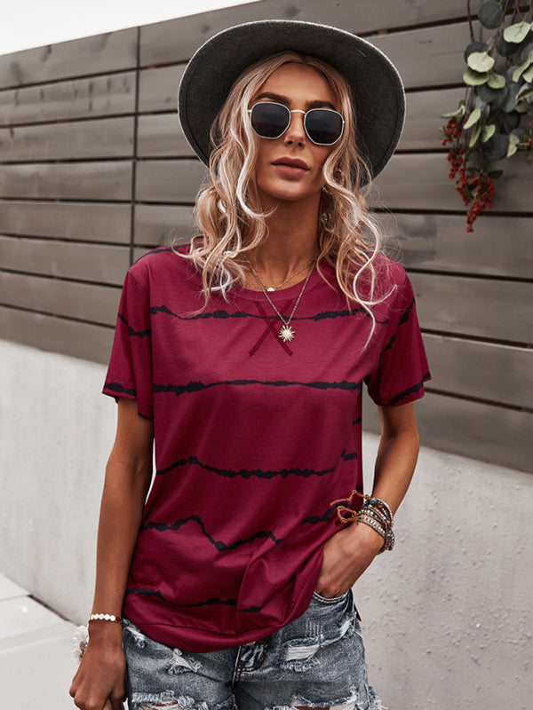 T-shirts- Essential Striped Round Neck Tee - Short Sleeves, Versatile Style Top- - Pekosa Women Clothing