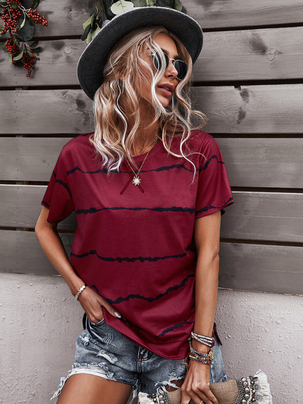 T-shirts- Essential Striped Round Neck Tee - Short Sleeves, Versatile Style Top- - Pekosa Women Clothing