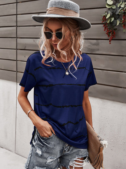 T-shirts- Essential Striped Round Neck Tee - Short Sleeves, Versatile Style Top- - Pekosa Women Clothing