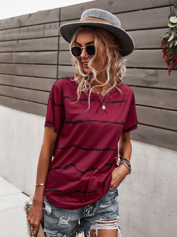 T-shirts- Essential Striped Round Neck Tee - Short Sleeves, Versatile Style Top- - Pekosa Women Clothing