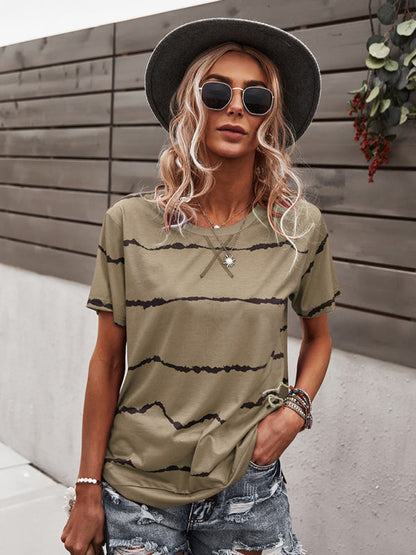 T-shirts- Essential Striped Round Neck Tee - Short Sleeves, Versatile Style Top- Khaki- Pekosa Women Clothing