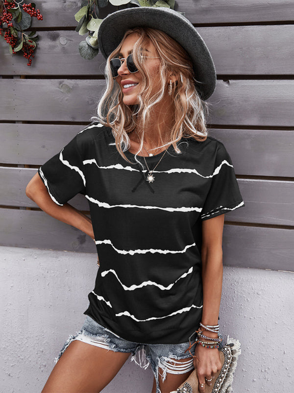 T-shirts- Essential Striped Round Neck Tee - Short Sleeves, Versatile Style Top- - Pekosa Women Clothing