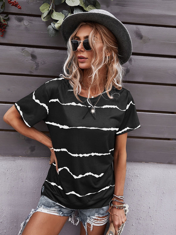 T-shirts- Essential Striped Round Neck Tee - Short Sleeves, Versatile Style Top- - Pekosa Women Clothing