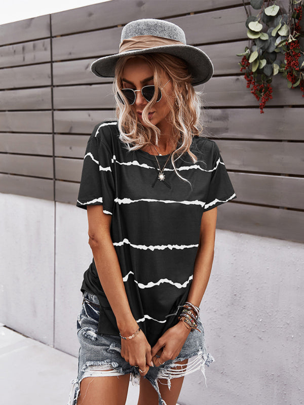 T-shirts- Essential Striped Round Neck Tee - Short Sleeves, Versatile Style Top- - Pekosa Women Clothing