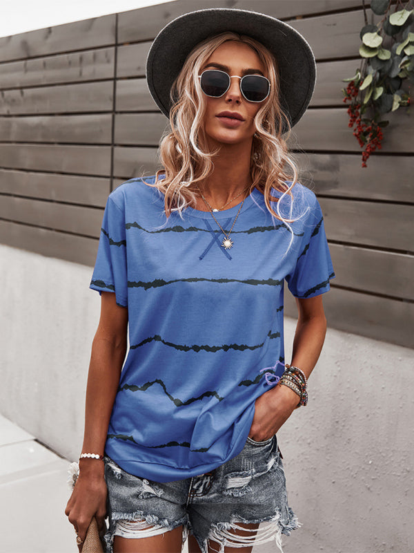 T-shirts- Essential Striped Round Neck Tee - Short Sleeves, Versatile Style Top- - Pekosa Women Clothing