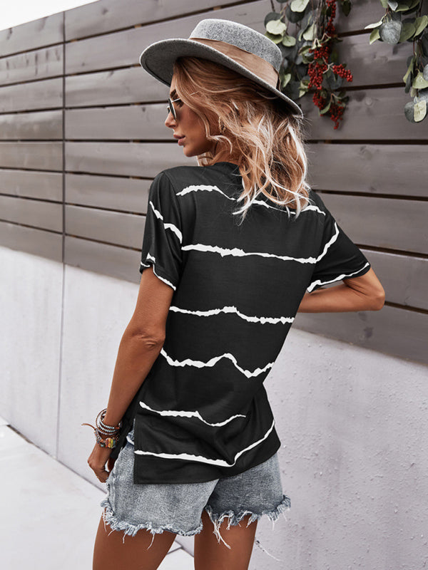 T-shirts- Essential Striped Round Neck Tee - Short Sleeves, Versatile Style Top- - Pekosa Women Clothing