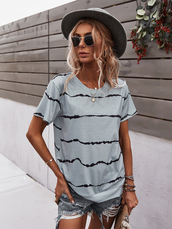 T-shirts- Essential Striped Round Neck Tee - Short Sleeves, Versatile Style Top- - Pekosa Women Clothing