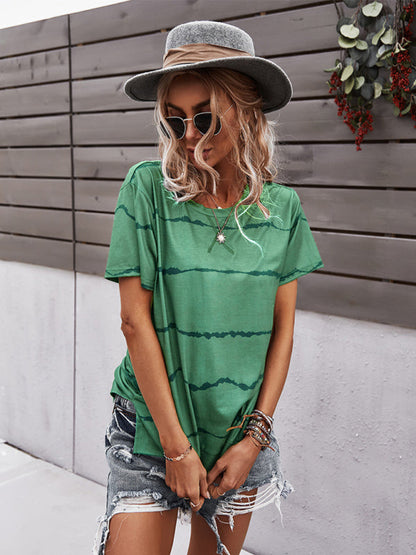 T-shirts- Essential Striped Round Neck Tee - Short Sleeves, Versatile Style Top- - Pekosa Women Clothing