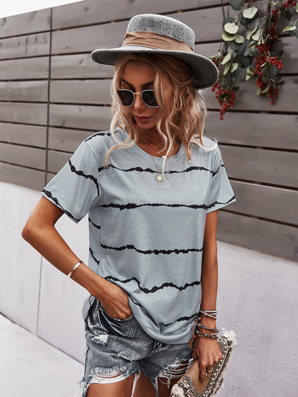 T-shirts- Essential Striped Round Neck Tee - Short Sleeves, Versatile Style Top- - Pekosa Women Clothing