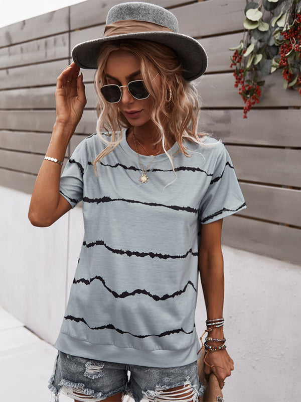 T-shirts- Essential Striped Round Neck Tee - Short Sleeves, Versatile Style Top- - Pekosa Women Clothing