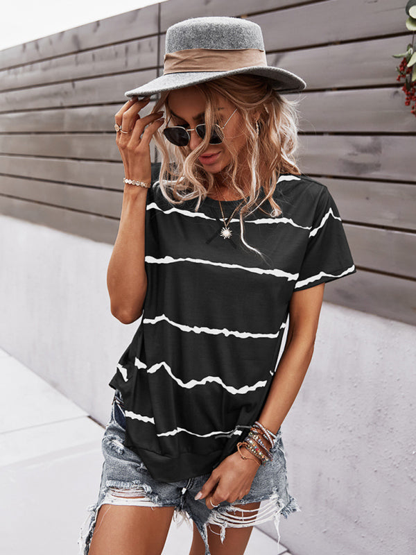 T-shirts- Essential Striped Round Neck Tee - Short Sleeves, Versatile Style Top- Black- Pekosa Women Clothing