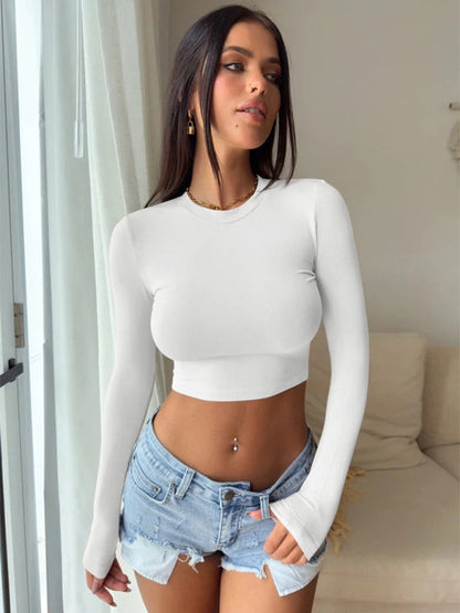 T-shirts- Solid Long Sleeve Crop Top | Crew Neck Tee- - IndioGear Fashion and Gear