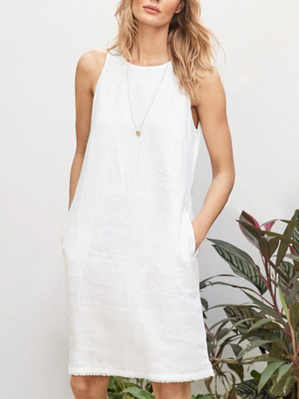 Tank Dresses- Solid Cotton-Linen Tank Dress with Pockets- White- IndioGear Fashion and Gear