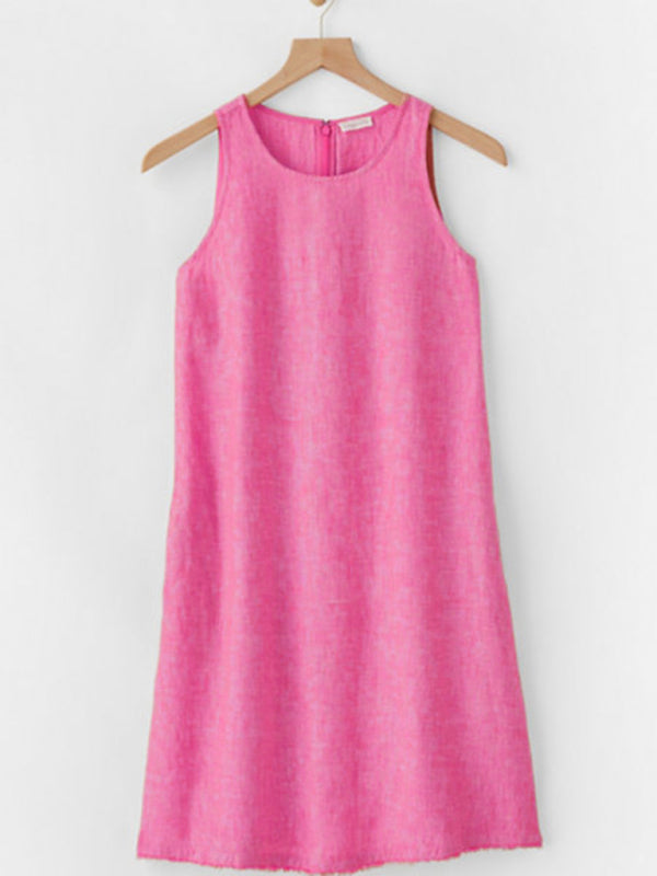 Tank Dresses- Solid Cotton-Linen Tank Dress with Pockets- Pink- IndioGear Fashion and Gear