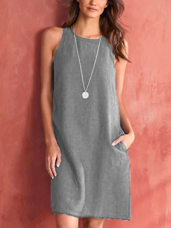 Tank Dresses- Solid Cotton-Linen Tank Dress with Pockets- Grey- IndioGear Fashion and Gear