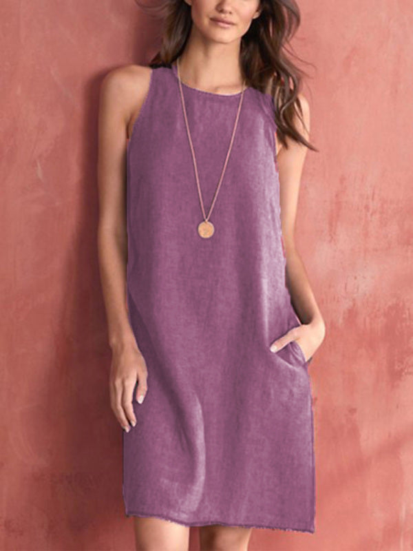 Tank Dresses- Solid Cotton-Linen Tank Dress with Pockets- Wine Red- IndioGear Fashion and Gear