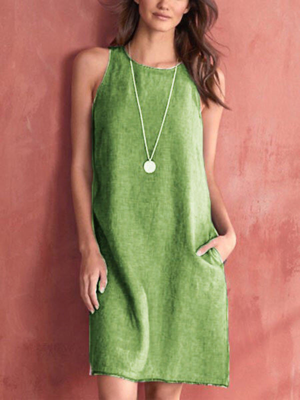 Tank Dresses- Solid Cotton-Linen Tank Dress with Pockets- Green- IndioGear Fashion and Gear