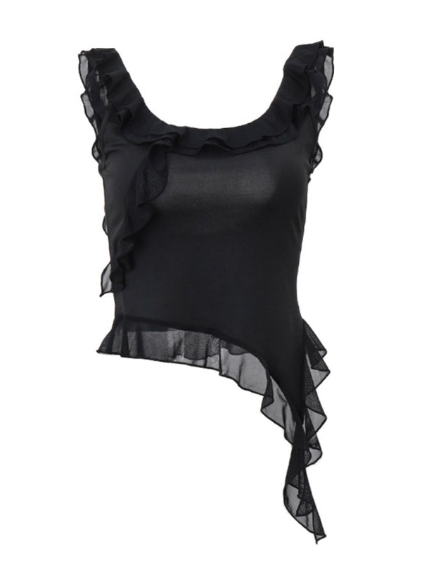 Tank Tops- Asymmetric Sleeveless Top with Backless Design and Mesh Frills- - IndioGear Fashion and Gear