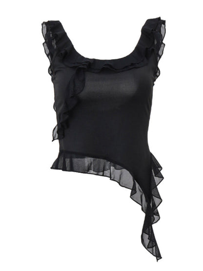 Tank Tops- Asymmetric Sleeveless Top with Backless Design and Mesh Frills- - IndioGear Fashion and Gear