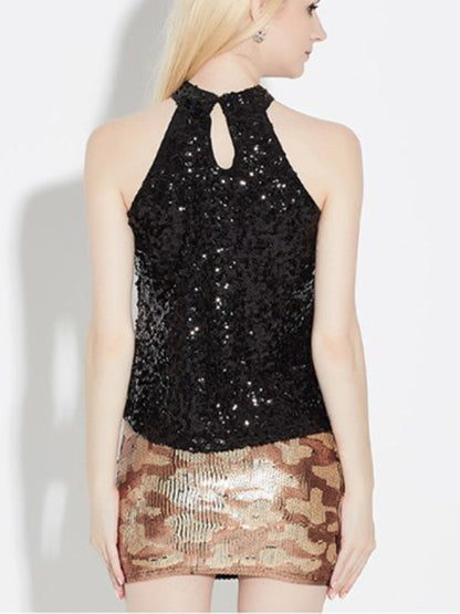 Tank Tops-Festive Night Out Sequin Tank Top | Glitter Sleeveless Halter Blouse-Pekosa Women Clothing