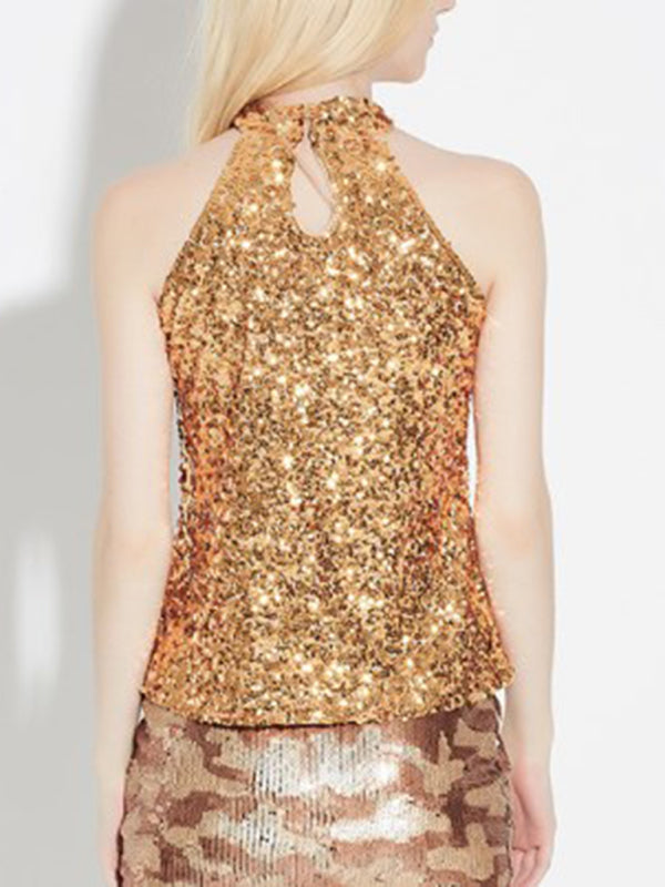 Tank Tops-Festive Night Out Sequin Tank Top | Glitter Sleeveless Halter Blouse-Pekosa Women Clothing