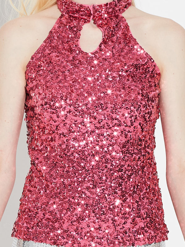 Tank Tops-Festive Night Out Sequin Tank Top | Glitter Sleeveless Halter Blouse-Pekosa Women Clothing