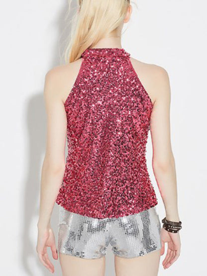 Tank Tops-Festive Night Out Sequin Tank Top | Glitter Sleeveless Halter Blouse-Pekosa Women Clothing