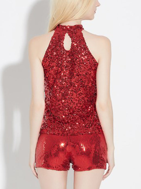 Tank Tops-Festive Night Out Sequin Tank Top | Glitter Sleeveless Halter Blouse-Pekosa Women Clothing