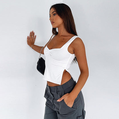 Tank Tops- High Slit Gathered Front Tank Top- - IndioGear Fashion and Gear