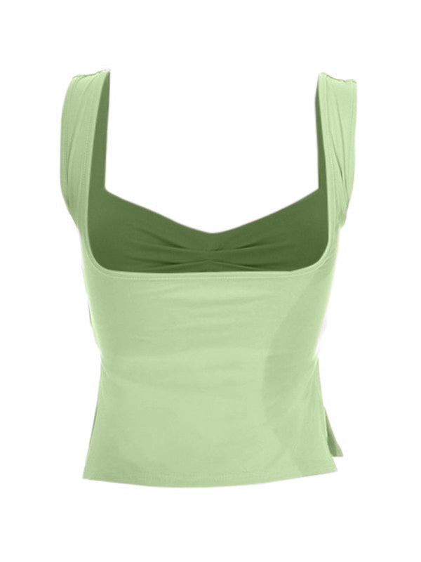 Tank Tops- High Slit Gathered Front Tank Top- - IndioGear Fashion and Gear