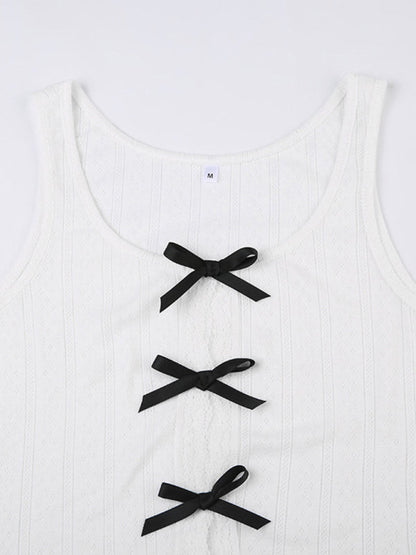 Tank Tops- Knitted Tank Top with Cutouts & Bow- - IndioGear Fashion and Gear