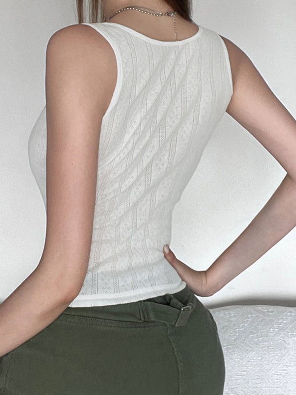 Tank Tops- Knitted Tank Top with Cutouts & Bow- - IndioGear Fashion and Gear