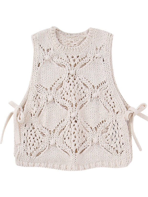 Tank Tops- Playful Pompom Tank Top - Open Knit & Side Vents Crop Top- - Pekosa Women Clothing