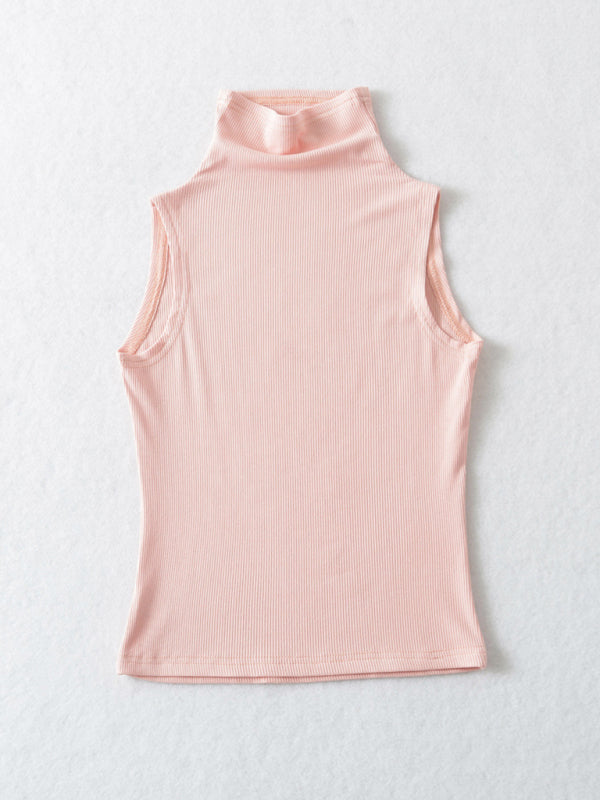 Tank Tops-Stand Collar Tank Top | Rib-Knit High Neck Sleeveless Top-Pekosa Women Clothing