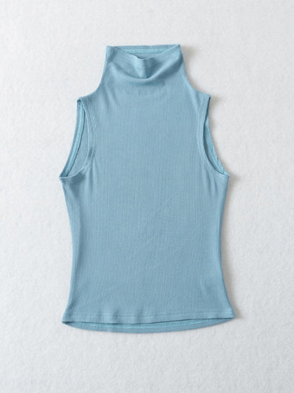 Tank Tops-Stand Collar Tank Top | Rib-Knit High Neck Sleeveless Top-Pekosa Women Clothing