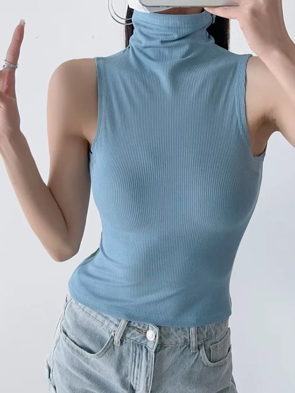 Tank Tops-Stand Collar Tank Top | Rib-Knit High Neck Sleeveless Top-Pekosa Women Clothing