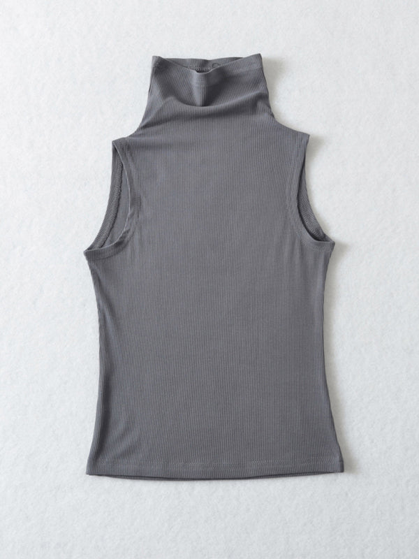 Tank Tops-Stand Collar Tank Top | Rib-Knit High Neck Sleeveless Top-Pekosa Women Clothing